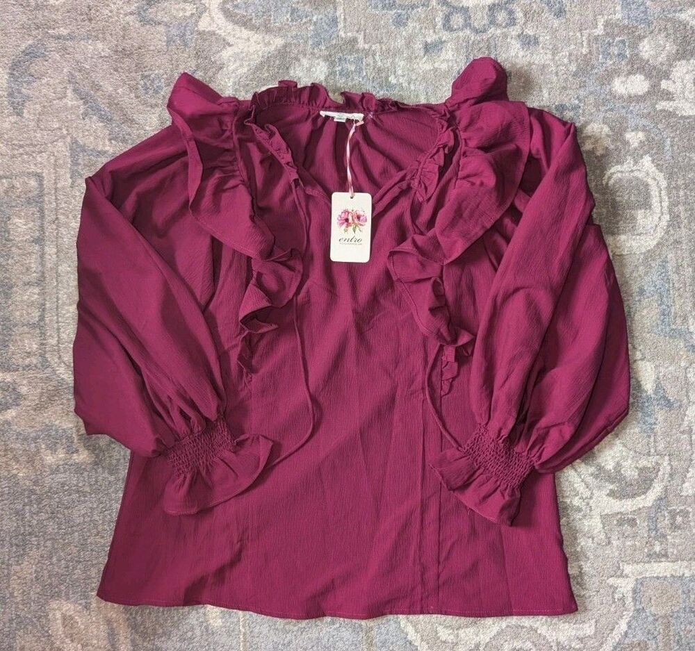 Entro NWT Red Long Sleeve Balloon Ruffled Size S Romantic Boho Blouse